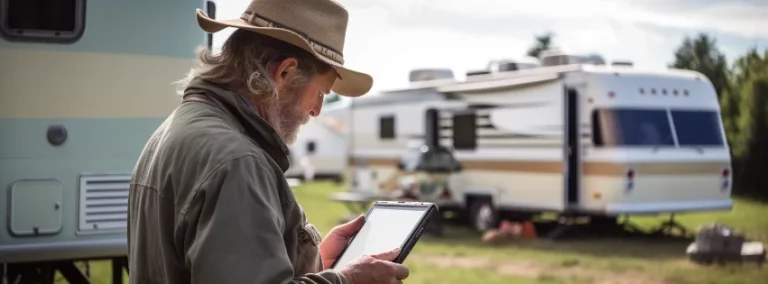 orcas campside inspector holding a tablet camper in background 851x315x72 2 768x284