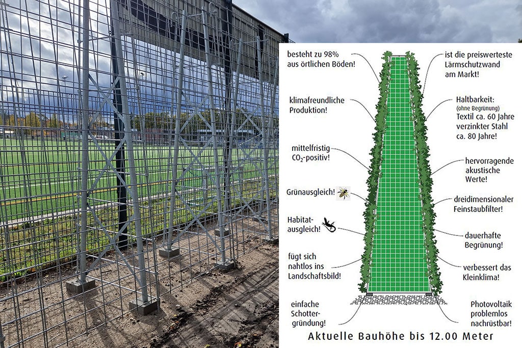 Grundgerüst einer Lärmschutzwand und Skizze zur Funktionsweise der Klimawand