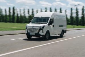 Weißer Transporter auf Asphaltstraße im Hintergrund grüne Wiese und Wald.