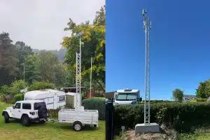 Zwei Bilder von WLAN-Masten auf einem Anhänger und freistehend, auf einem Campingplatz.