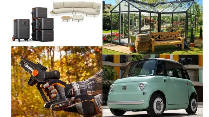 Neue Produkte für den Campingplatz: Fiat Topolino, Gartenschere, Gewächshaus, Gartensofa von Zebra.