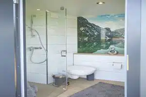 Privatbad von innen., mit Dusche und Toilette und einem großen Bild und Beleuchtung.