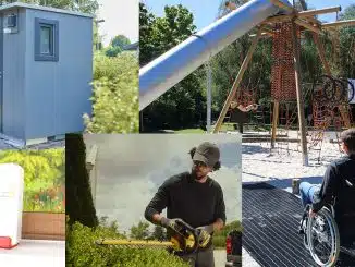 Collage von Produkten: FritzBox, Privatbad, Inklusionsmatte und Heckenschere.