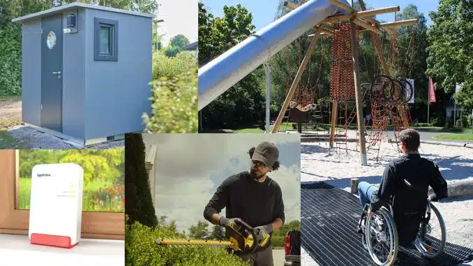 Aufmacher-Produkte Collage von Produkten: FritzBox, Privatbad, Inklusionsmatte und Heckenschere.