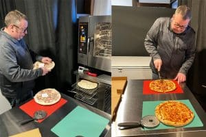 Herr Kumm beim auspacken und schneiden der Pizza von Dr. Oetker auf seinem Campingplatz.