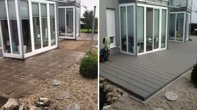 Terrasse vorher, nachher mit Holzdielen verkleidet.
