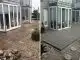 Terrasse vorher, nachher mit Holzdielen verkleidet.