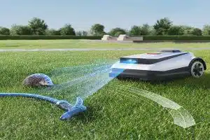 Grafik eines autonomen Mähroboters auf einem Rasen. Mit Hindernis Igel und Gartenschlauch davor. 