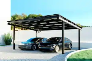 Grafik: Solar-Überdachung mit zwei Autos darunter auf einem Vorhof.