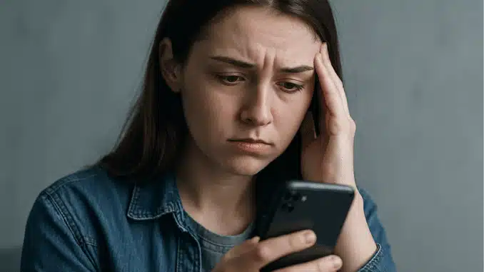 Frau schaut voller Sorge in ihr Handy wegen Cybermobbing.