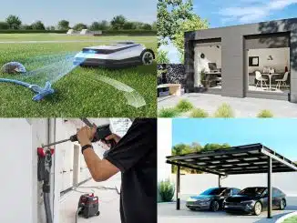 Collage aus verschiedenen Bilder: Staubsauger, Carport, autonomer Rasenmähroboter, Gartenhaus modern.