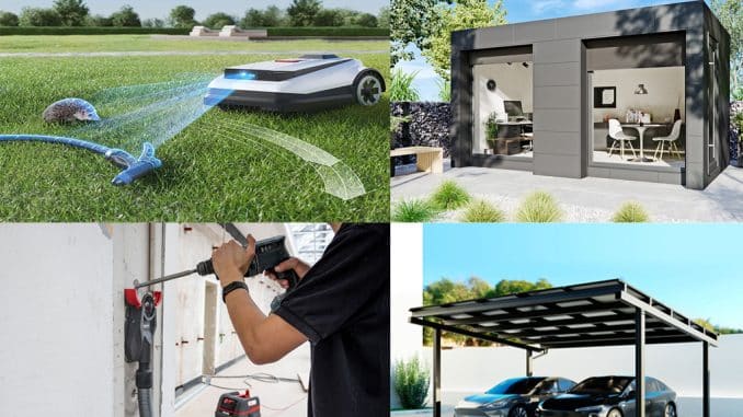 Collage aus verschiedenen Bilder: Staubsauger, Carport, autonomer Rasenmähroboter, Gartenhaus modern.
