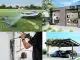 Collage aus verschiedenen Bilder: Staubsauger, Carport, autonomer Rasenmähroboter, Gartenhaus modern.