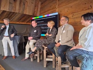 Redner vom Arbeitskreis Hotelimmobilien auf der Bühne mit Präsentation auf Bildschirm.