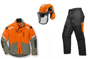 Collage mit Arbeitshose, Schutzhelm und Schutzjacke von Stihl.
