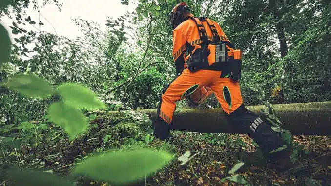 Mann im Wald mit orangener Schutzkleidung von Stihl.