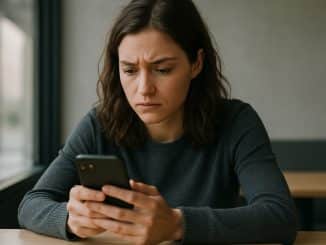 Frau schaut besorgt auf ihr Handy.