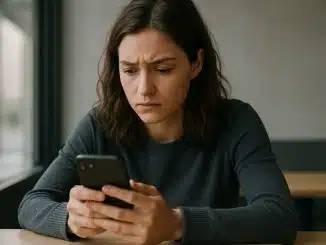 Frau schaut besorgt auf ihr Handy.