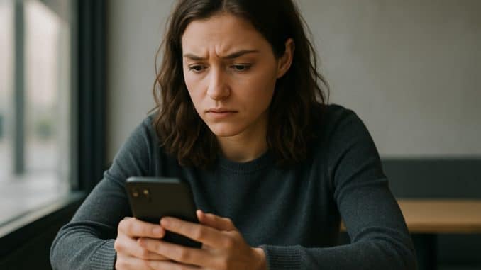 Frau schaut besorgt auf ihr Handy.