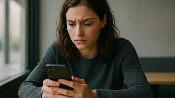 Frau schaut besorgt auf ihr Handy.